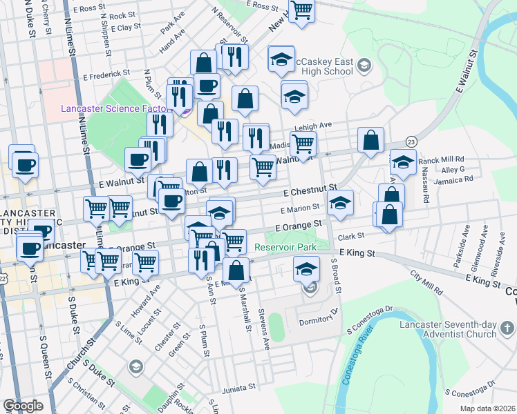 map of restaurants, bars, coffee shops, grocery stores, and more near 700 Pennsylvania 23 in Lancaster
