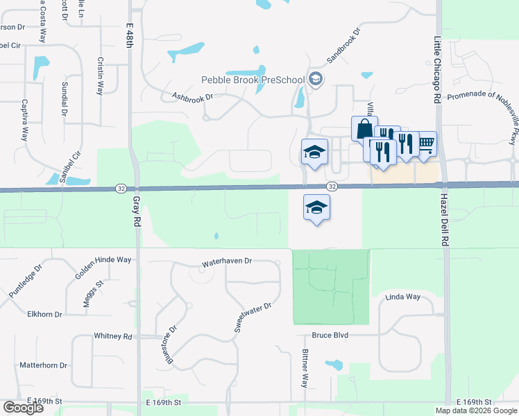 map of restaurants, bars, coffee shops, grocery stores, and more near 5186 Tulip Tree Drive in Noblesville