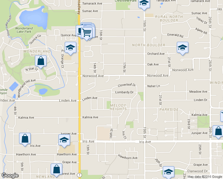 map of restaurants, bars, coffee shops, grocery stores, and more near 16th Street in Boulder