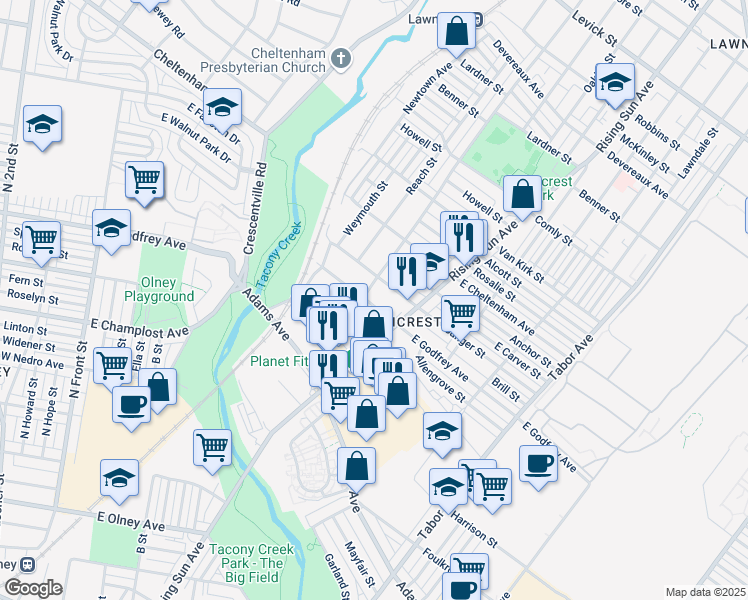 map of restaurants, bars, coffee shops, grocery stores, and more near 409 East Godfrey Avenue in Philadelphia