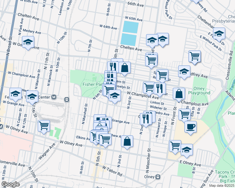 map of restaurants, bars, coffee shops, grocery stores, and more near 5952 North Leithgow Street in Philadelphia