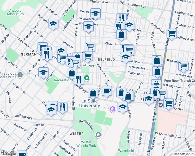 map of restaurants, bars, coffee shops, grocery stores, and more near 5739 North Woodstock Street in Philadelphia