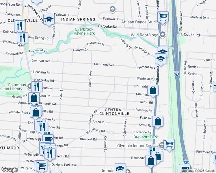 map of restaurants, bars, coffee shops, grocery stores, and more near 416 Northridge Road in Columbus