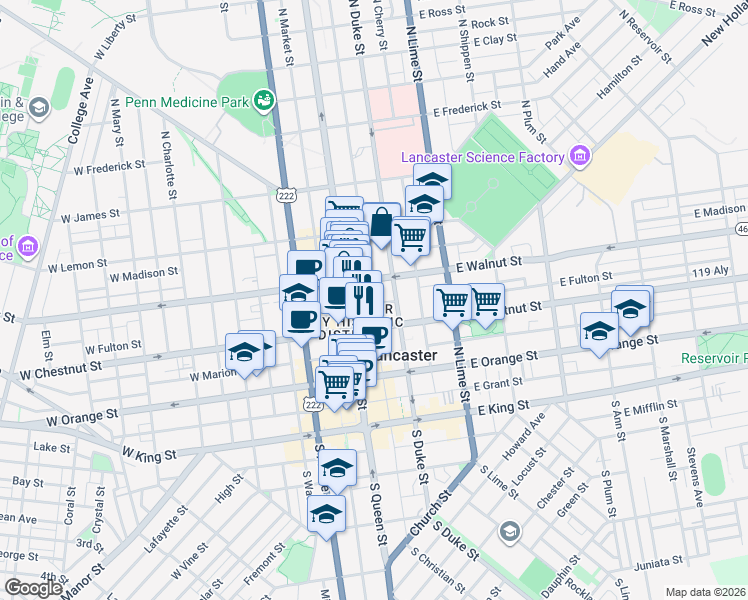 map of restaurants, bars, coffee shops, grocery stores, and more near 38 East Walnut Street in Lancaster