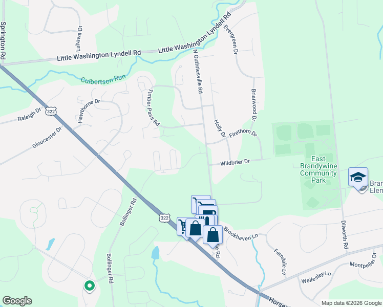 map of restaurants, bars, coffee shops, grocery stores, and more near 390 North Guthriesville Road in Downingtown