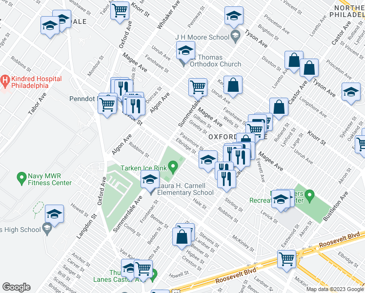 map of restaurants, bars, coffee shops, grocery stores, and more near 1130 Elbridge Street in Philadelphia