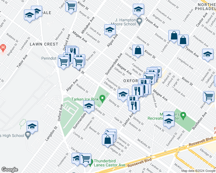 map of restaurants, bars, coffee shops, grocery stores, and more near 1130 Elbridge Street in Philadelphia