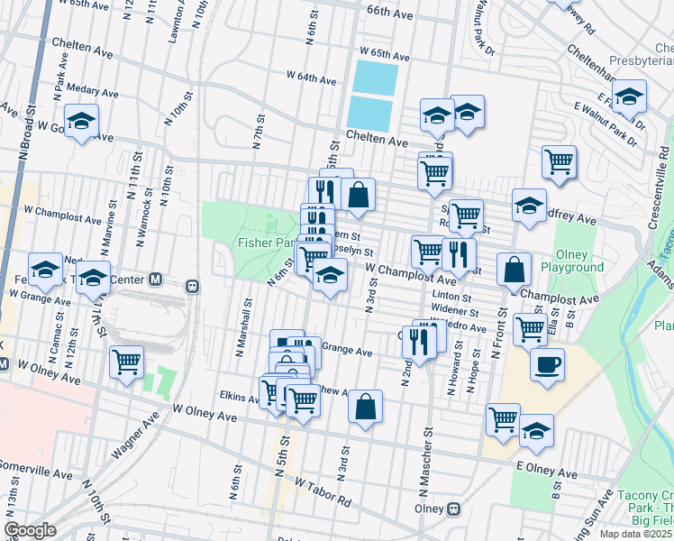 map of restaurants, bars, coffee shops, grocery stores, and more near 5952 North Leithgow Street in Philadelphia