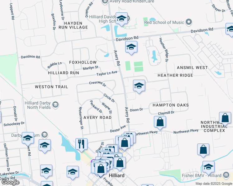 map of restaurants, bars, coffee shops, grocery stores, and more near 5200 Crescent Court in Hilliard
