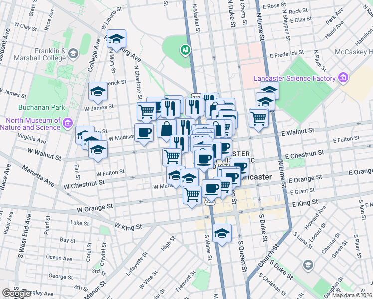 map of restaurants, bars, coffee shops, grocery stores, and more near 201 West Walnut Street in Lancaster