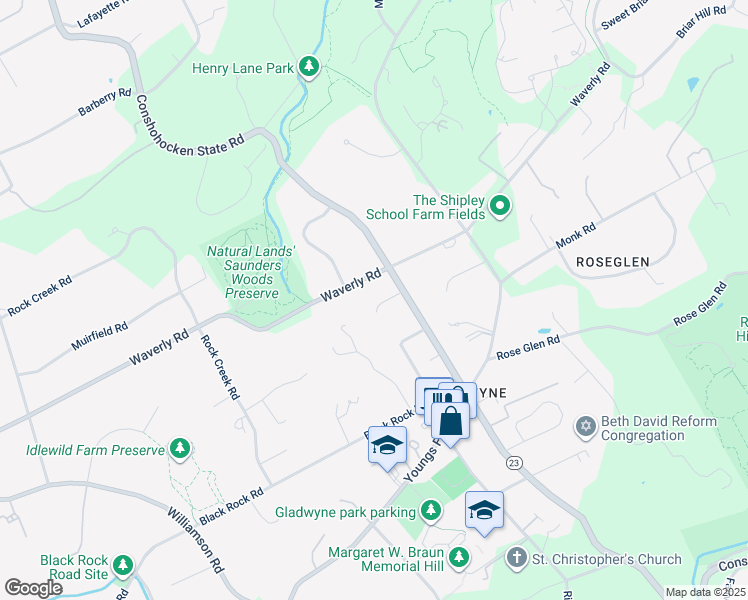 map of restaurants, bars, coffee shops, grocery stores, and more near 1133 Waverly Road in Gladwyne