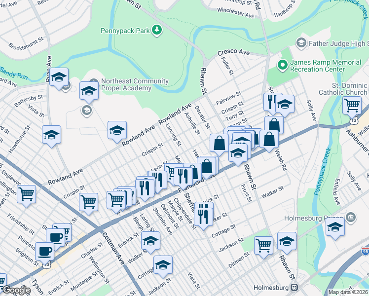map of restaurants, bars, coffee shops, grocery stores, and more near 3428 Hartel Avenue in Philadelphia
