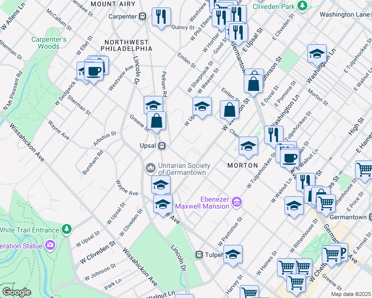 map of restaurants, bars, coffee shops, grocery stores, and more near 6439 Greene Street in Philadelphia