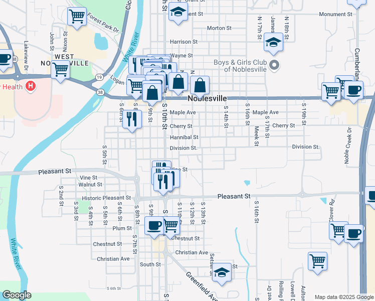 map of restaurants, bars, coffee shops, grocery stores, and more near 1157 Division Street in Noblesville