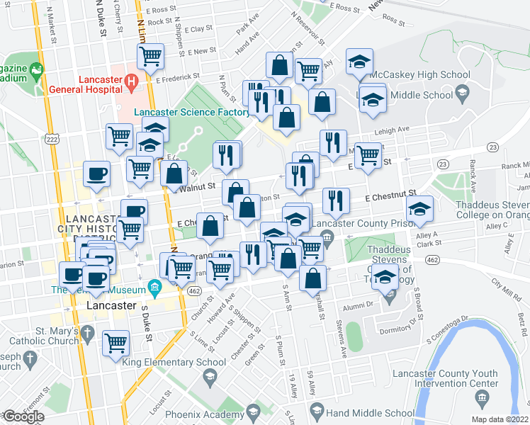 map of restaurants, bars, coffee shops, grocery stores, and more near 431 East Chestnut Street in Lancaster