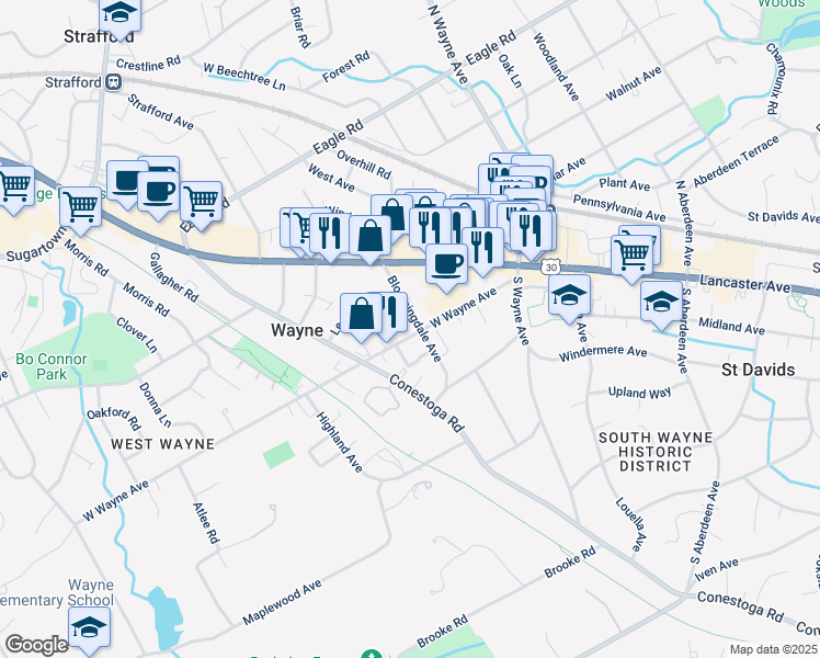 map of restaurants, bars, coffee shops, grocery stores, and more near 128 Bloomingdale Avenue in Wayne