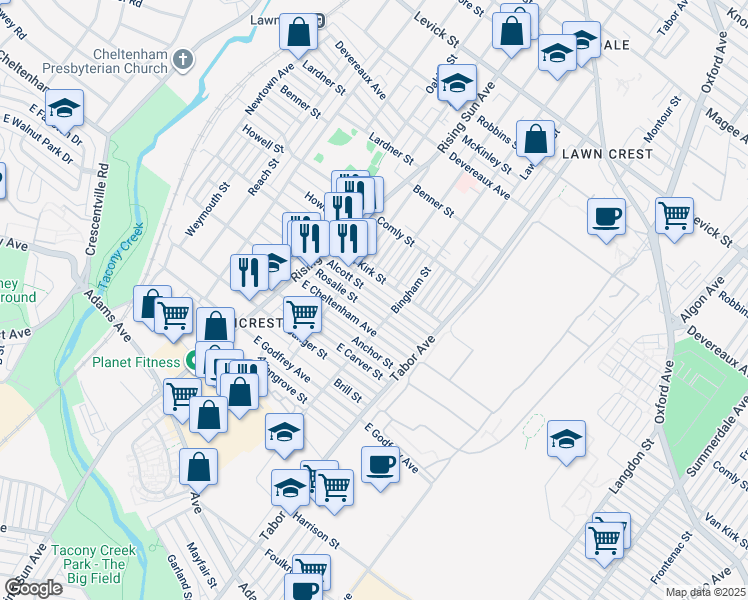 map of restaurants, bars, coffee shops, grocery stores, and more near 580 Alcott Street in Philadelphia