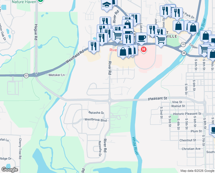 map of restaurants, bars, coffee shops, grocery stores, and more near 17485 River Road in Noblesville