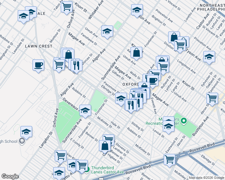 map of restaurants, bars, coffee shops, grocery stores, and more near 1232 Passmore Street in Philadelphia