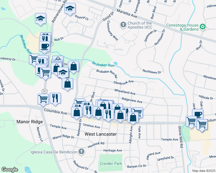 map of restaurants, bars, coffee shops, grocery stores, and more near 1841 Wheatland Avenue in Lancaster