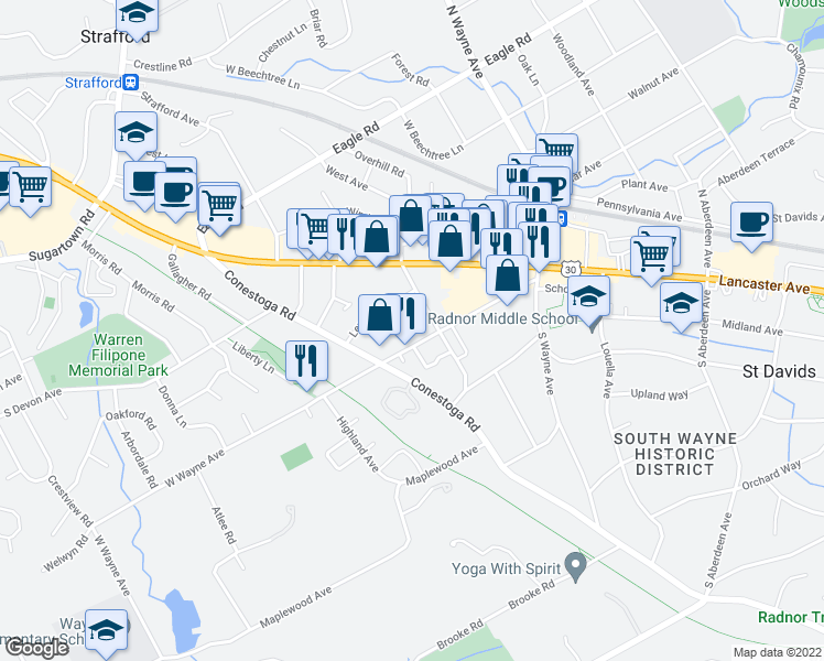 map of restaurants, bars, coffee shops, grocery stores, and more near 209 West Wayne Avenue in Wayne