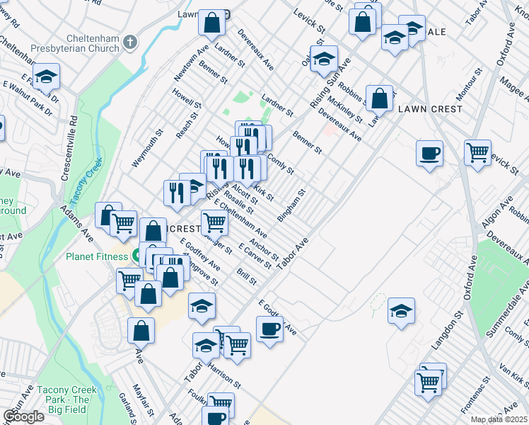 map of restaurants, bars, coffee shops, grocery stores, and more near 580 Alcott Street in Philadelphia