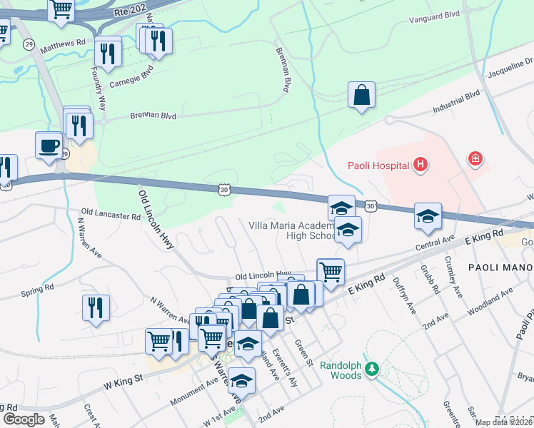 map of restaurants, bars, coffee shops, grocery stores, and more near 324 Lancaster Avenue in Malvern