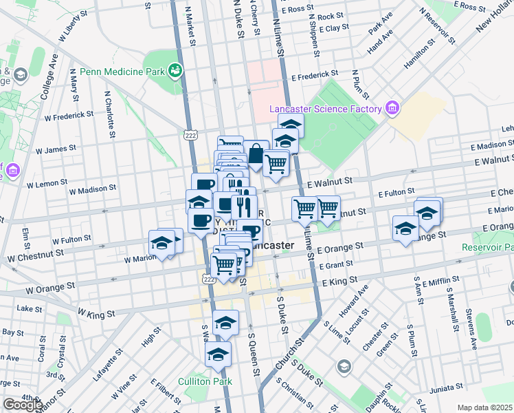 map of restaurants, bars, coffee shops, grocery stores, and more near 230 North Duke Street in Lancaster