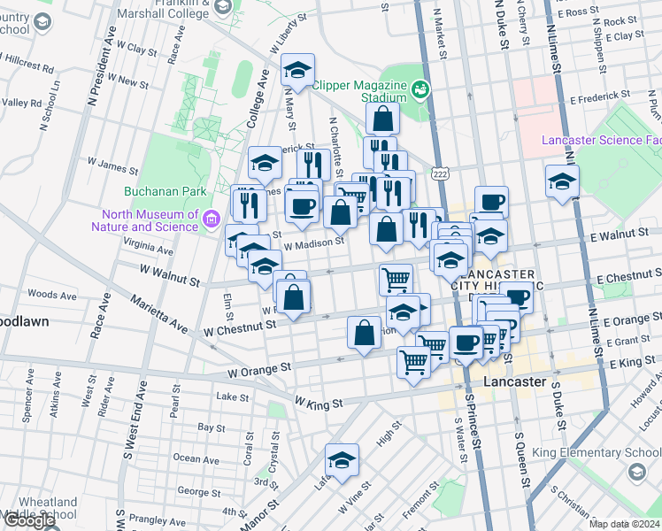 map of restaurants, bars, coffee shops, grocery stores, and more near 427 West Walnut Street in Lancaster