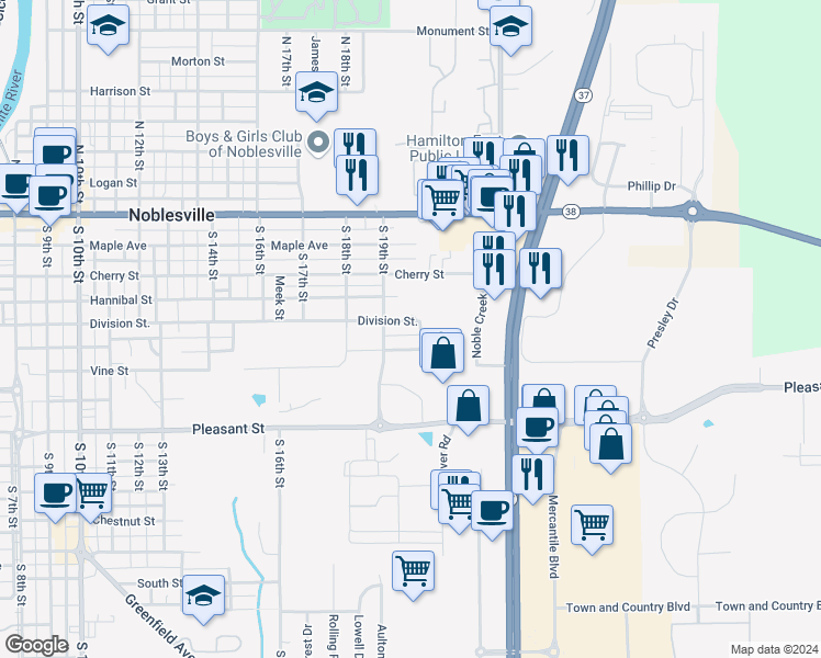 map of restaurants, bars, coffee shops, grocery stores, and more near 1941 Division Street in Noblesville
