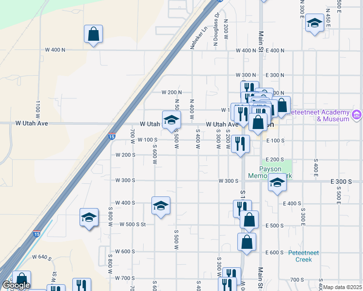 map of restaurants, bars, coffee shops, grocery stores, and more near 115 South 500 West in Payson