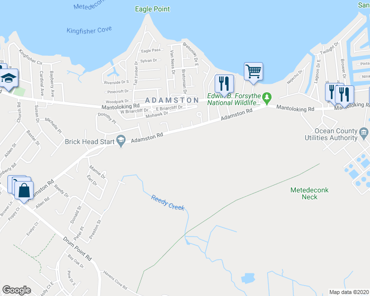 map of restaurants, bars, coffee shops, grocery stores, and more near 437 Adamston Road in Brick Township