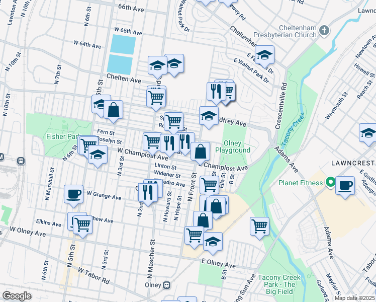 map of restaurants, bars, coffee shops, grocery stores, and more near 109 Roselyn Street in Philadelphia