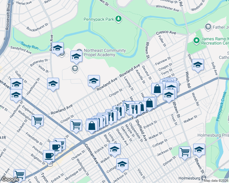 map of restaurants, bars, coffee shops, grocery stores, and more near 3336 Sheffield Avenue in Philadelphia
