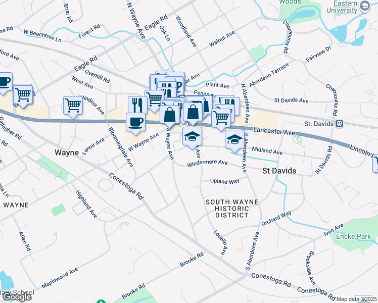 map of restaurants, bars, coffee shops, grocery stores, and more near 150 Louella Avenue in Radnor