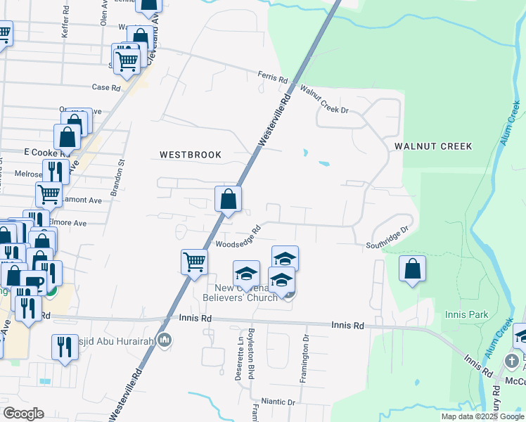 map of restaurants, bars, coffee shops, grocery stores, and more near 2523 Broadleaf Court in Columbus