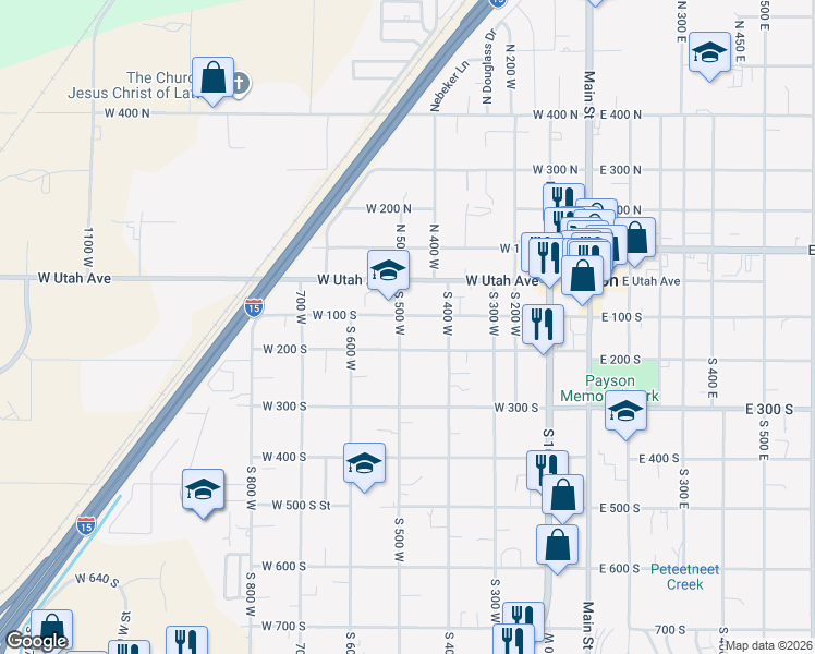 map of restaurants, bars, coffee shops, grocery stores, and more near 113 South 500 West in Payson