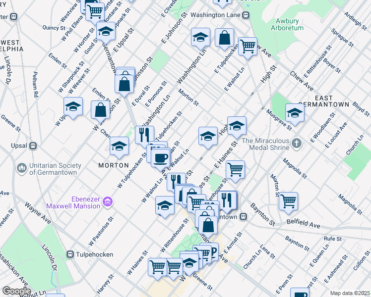 map of restaurants, bars, coffee shops, grocery stores, and more near 6103 Baynton Street in Philadelphia