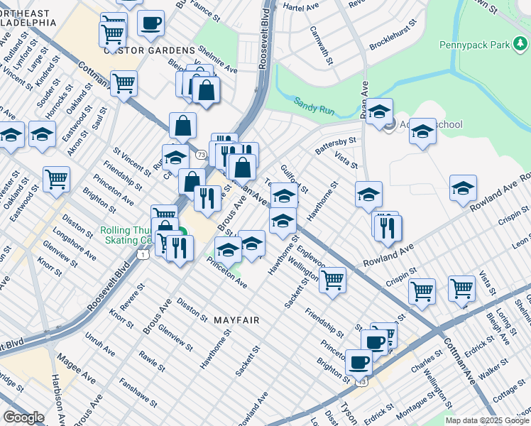 map of restaurants, bars, coffee shops, grocery stores, and more near 7242 Battersby Street in Philadelphia