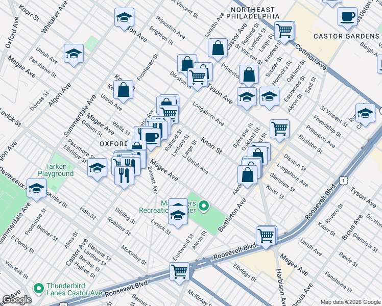 map of restaurants, bars, coffee shops, grocery stores, and more near 6707 Lynford Street in Philadelphia
