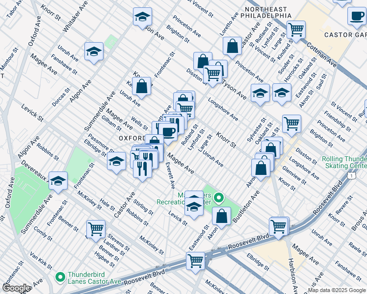 map of restaurants, bars, coffee shops, grocery stores, and more near 6650 Rutland Street in Philadelphia
