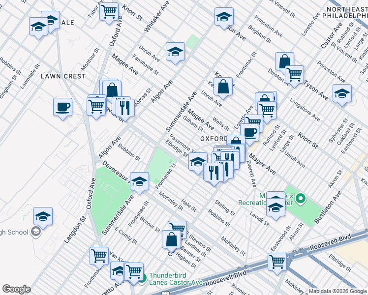 map of restaurants, bars, coffee shops, grocery stores, and more near 1232 Passmore Street in Philadelphia