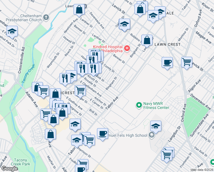 map of restaurants, bars, coffee shops, grocery stores, and more near 580 1/2 Van Kirk Street in Philadelphia