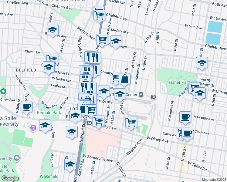 map of restaurants, bars, coffee shops, grocery stores, and more near 5848 North Camac Street in Philadelphia