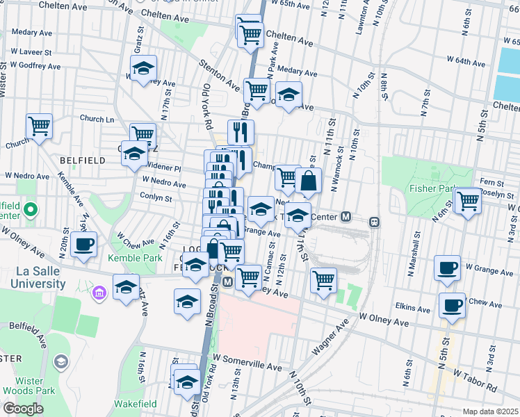 map of restaurants, bars, coffee shops, grocery stores, and more near 1320 West Nedro Avenue in Philadelphia