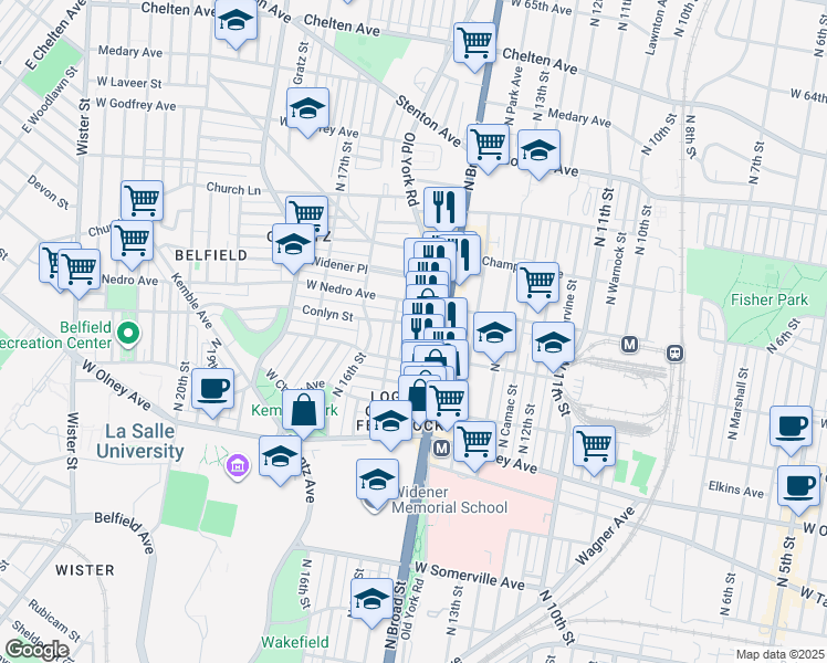 map of restaurants, bars, coffee shops, grocery stores, and more near 1441 Conlyn Street in Philadelphia