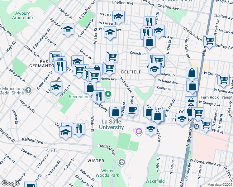 map of restaurants, bars, coffee shops, grocery stores, and more near 5739 North Lambert Street in Philadelphia