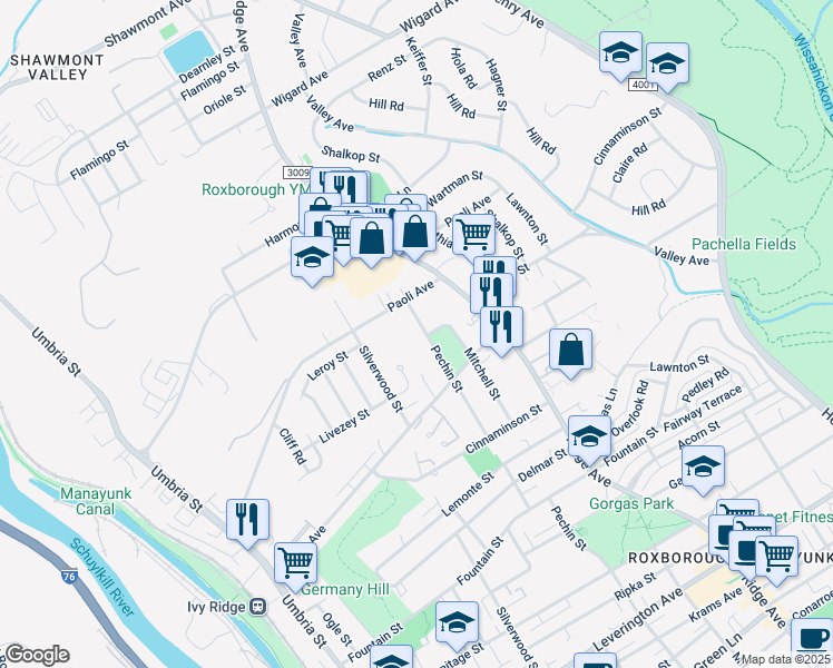 map of restaurants, bars, coffee shops, grocery stores, and more near 6900 Pechin Street in Philadelphia