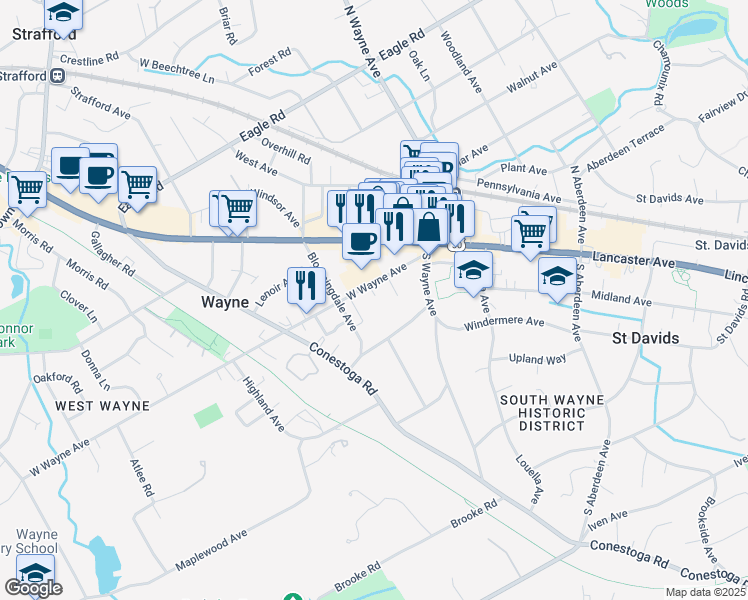 map of restaurants, bars, coffee shops, grocery stores, and more near 132 West Wayne Avenue in Wayne