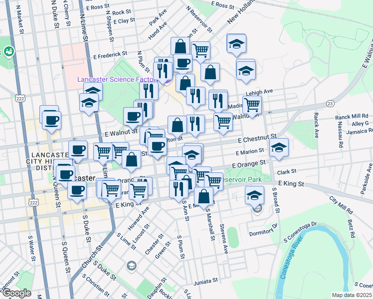 map of restaurants, bars, coffee shops, grocery stores, and more near 531 Pennsylvania 23 in Lancaster